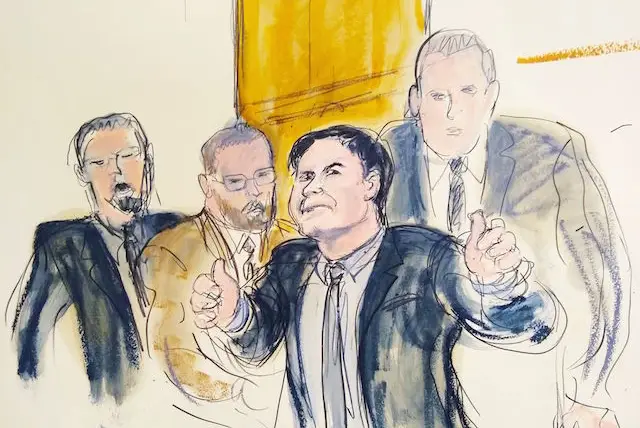 Joaquín "El Chapo" Guzmán, second from the right, giving a "thumbs up" in a courtroom sketch from the February 2019 trial.